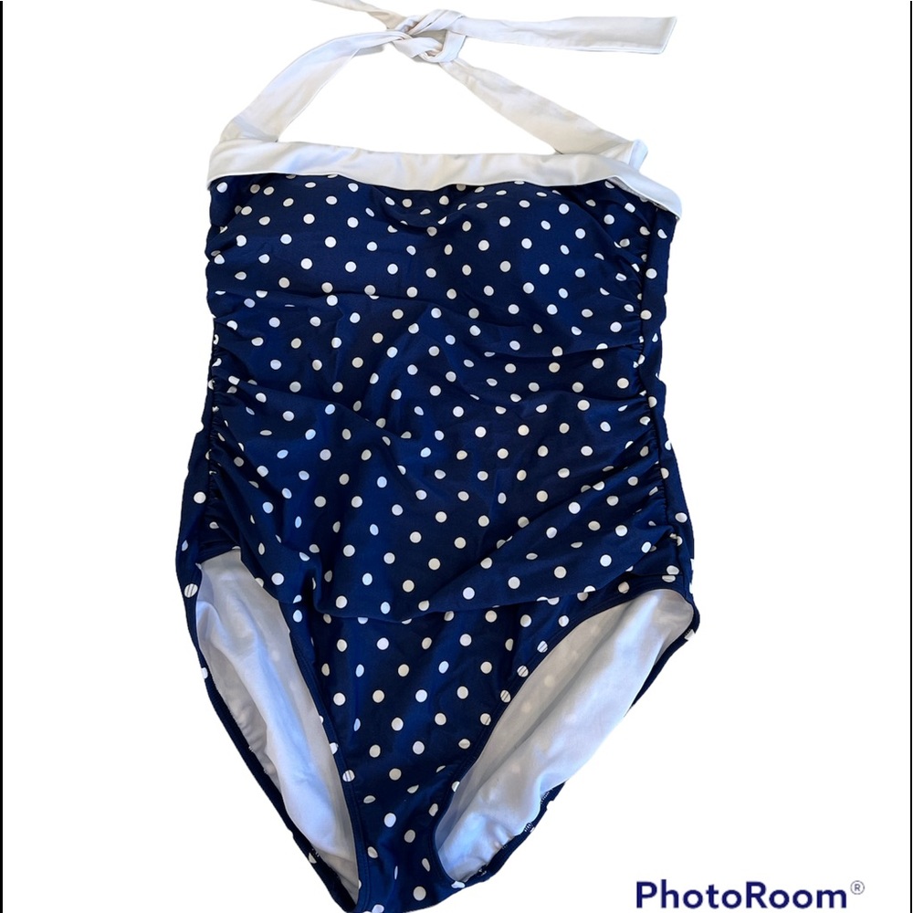 Lauren by Ralph Lauren one piece poke a dot navy and white halter swimsuit